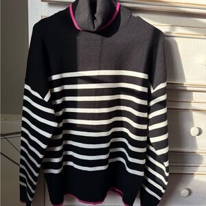 Black and White Striped Sweater with Pink Accents